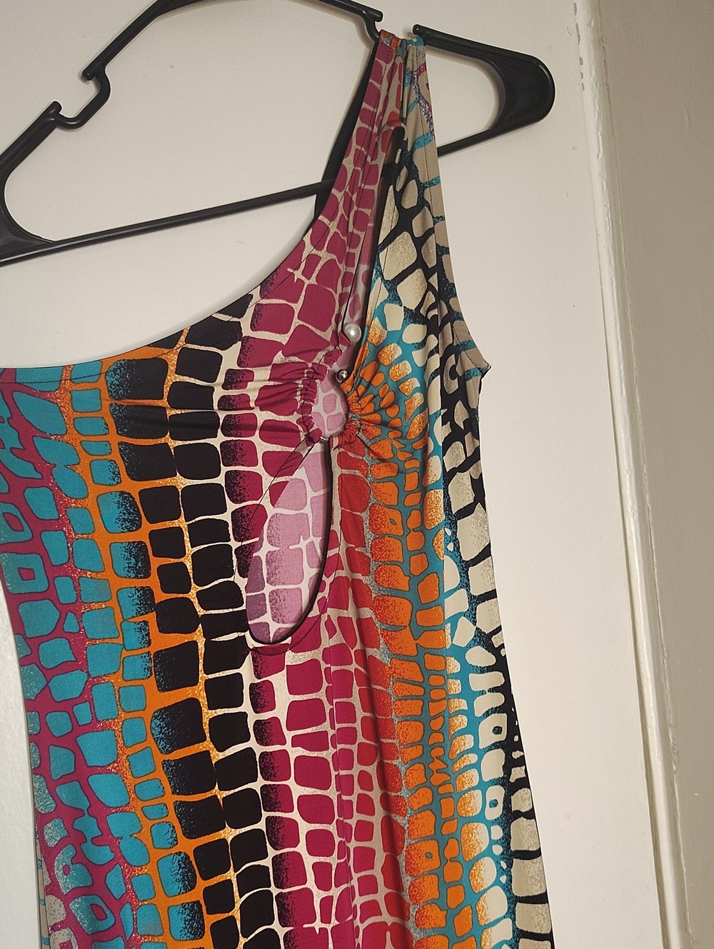 Fashion Nova One-Shoulder Multicolor Mosaic Dress - Teal, Magenta, Orange, Black